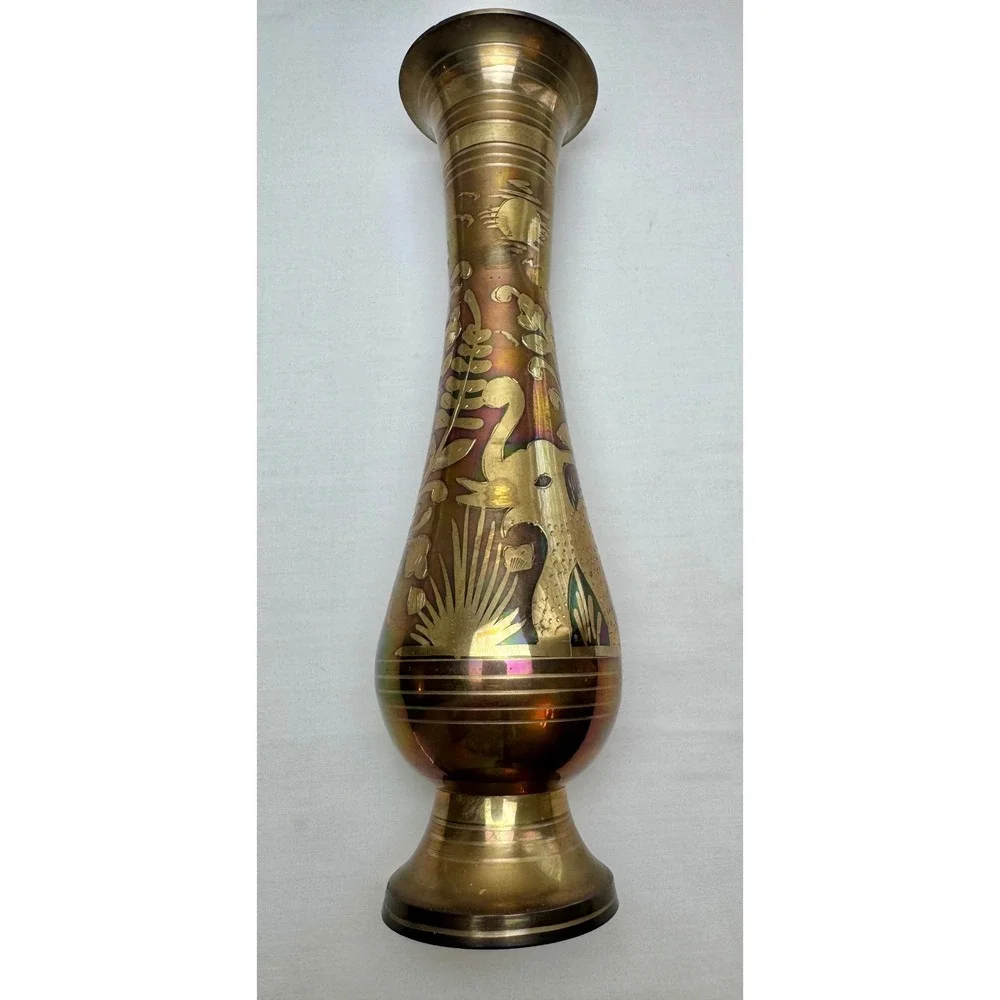Vintage Etched Brass Elephant Vase Iridescent Patina 11